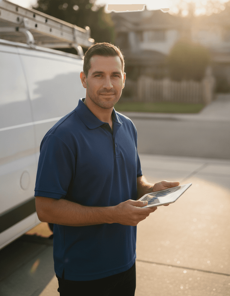 A handyman business owner reviewing a job estimate on a tablet beside his work van