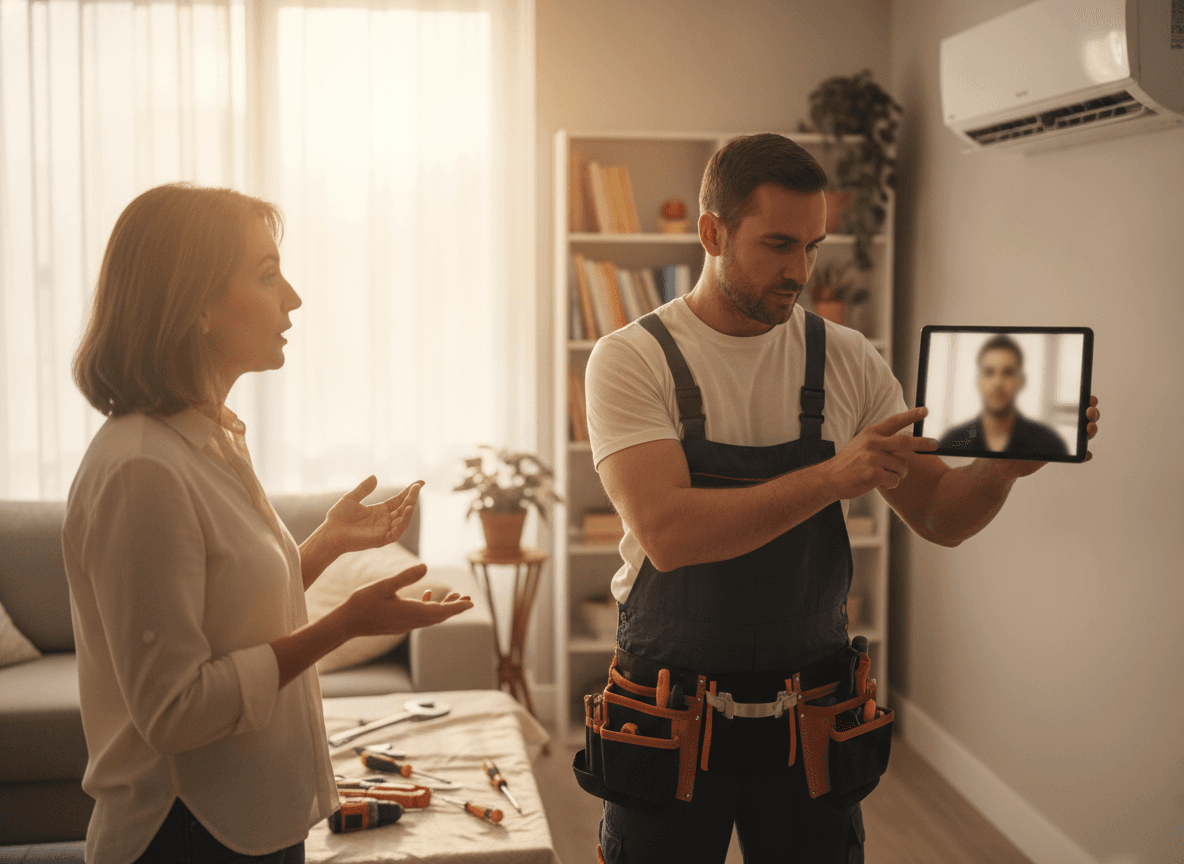 A handyman technician on a job showing a homeowner a live video call with a remote estimator