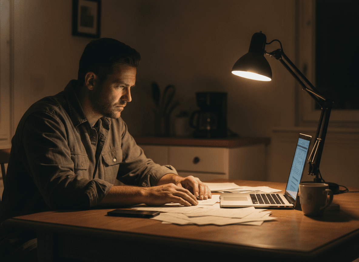 A handyman business owner reviewing invoices and numbers on a laptop late at night