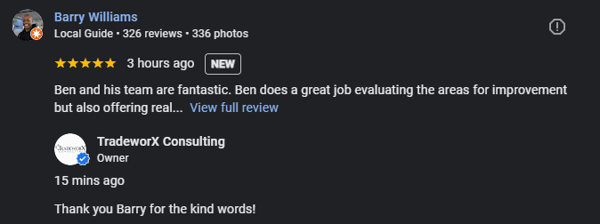 Google review from Barry Williams for TradeworX Consulting