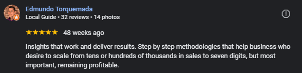 Google review from Edmundo Torquemada for TradeworX Consulting