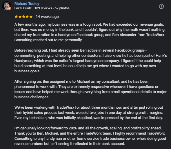 Google review from Richard Tooley for TradeworX Consulting